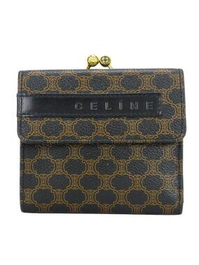 Celine Trifold Wallet Macadam Leather Brown Black Clasp Compact